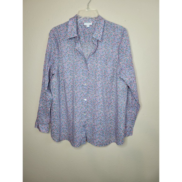 J. Jill Tops - J. Jill Women Large Floral Button Down Shirt 100% Cotton Long Sleeve Blue Pink